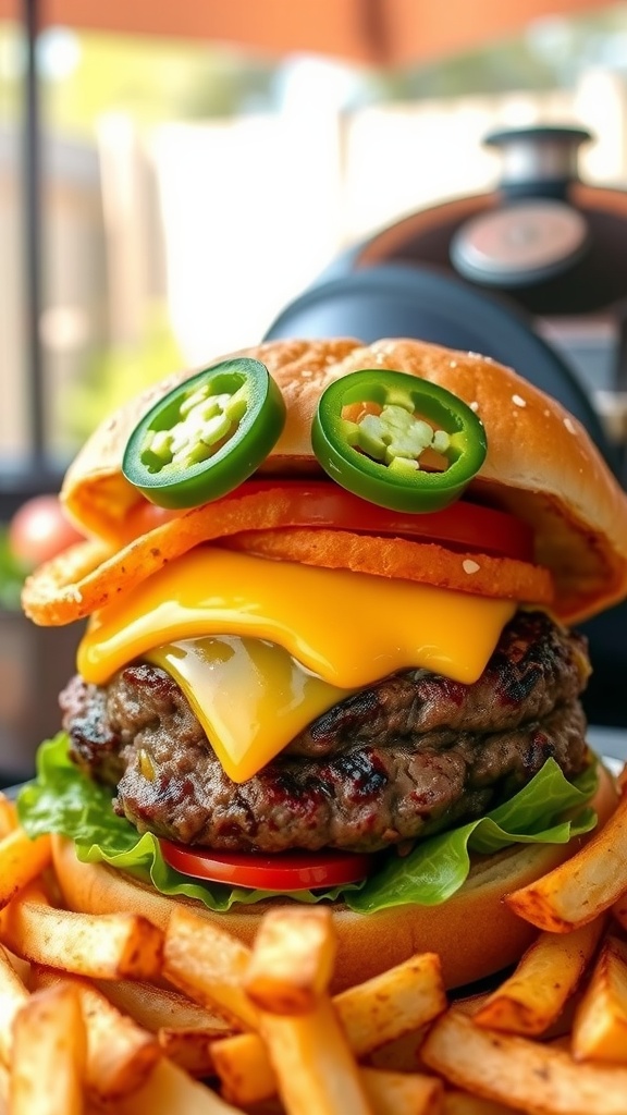 A spicy jalapeño burger with cheese, lettuce, tomato, and jalapeño on a toasted bun, beside crispy fries.